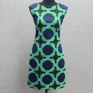 NWT Elizabeth McKay Ginger Dress Geometric Print Navy‎ Blue Green Blue Size 2